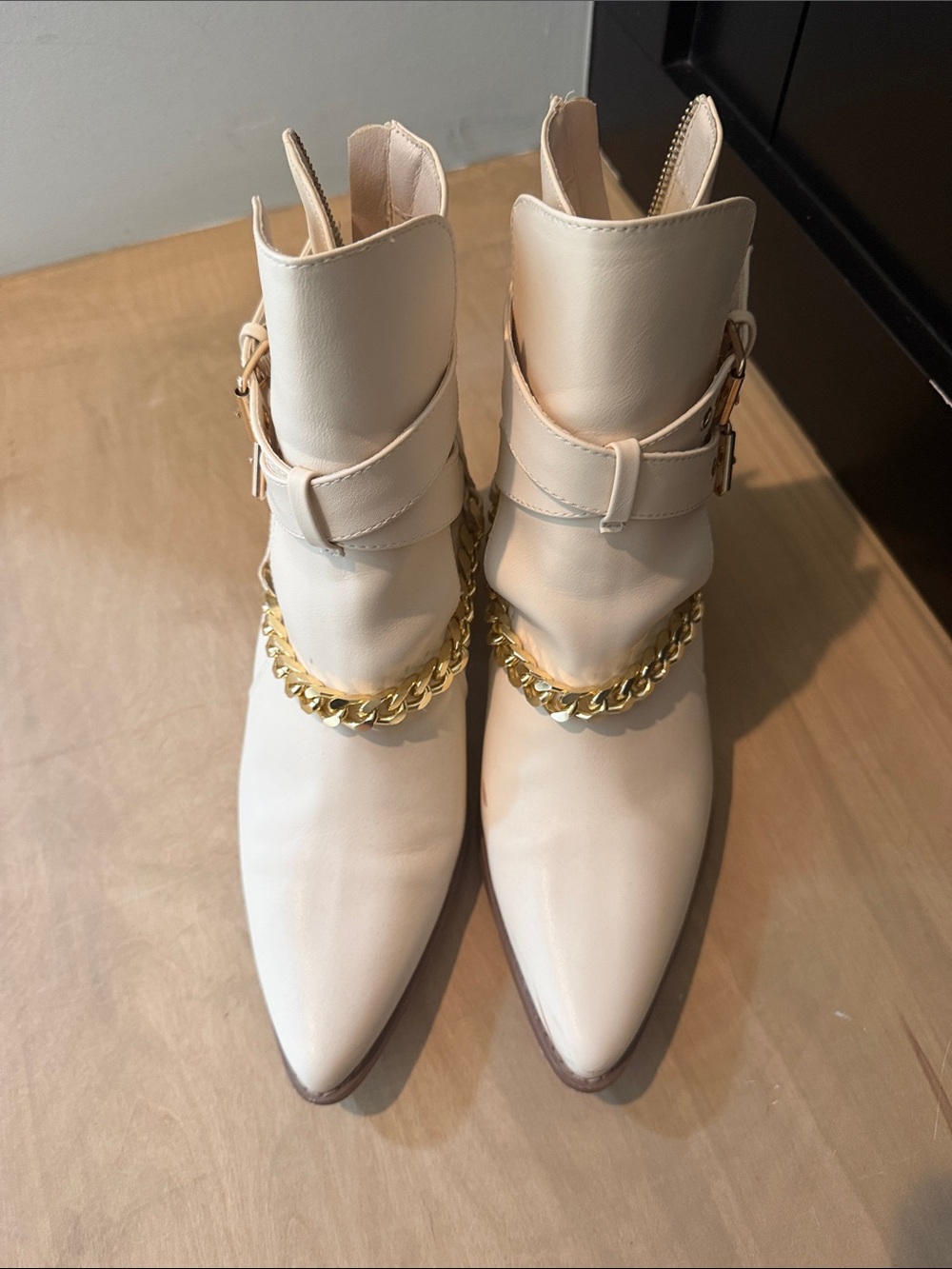 Coconuts by Matisse Ivory Pointed Leather Ankle Boots with Gold Chain Accent